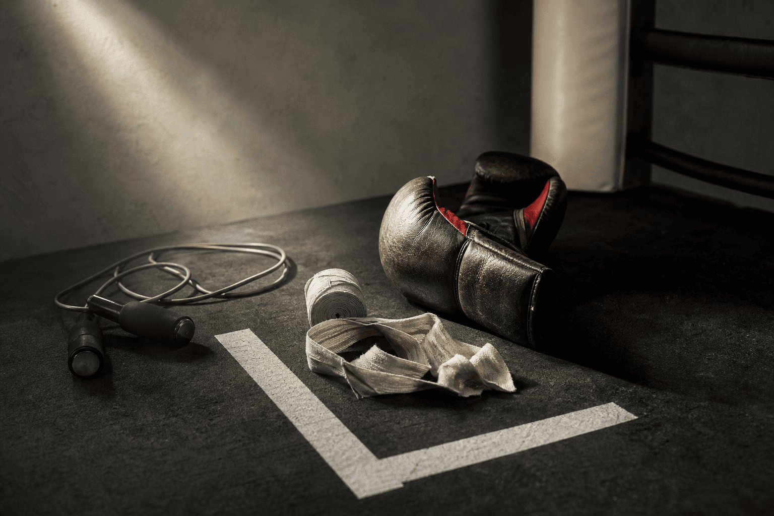 Guantoni, fasce, corda e una traccia a forma di L sul pavimento di una palestra di boxe vuota.