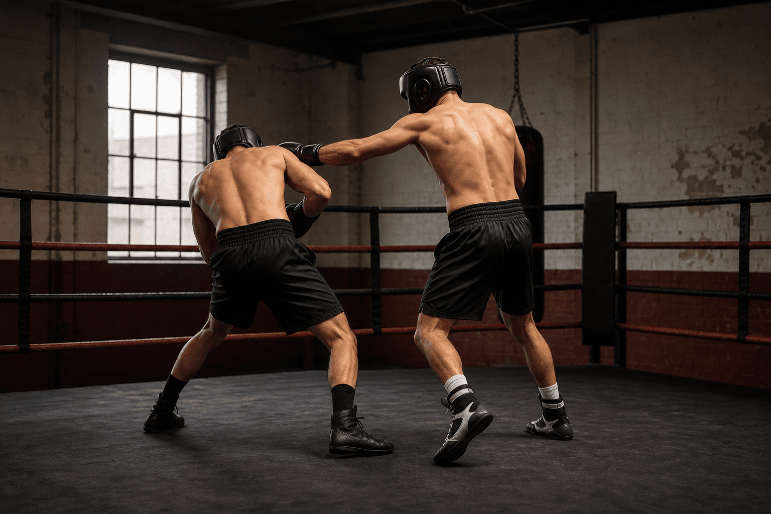 Due pugili in palestra visti da dietro: uno esce con guardia alta mentre l'altro è ancora orientato sulla linea precedente.