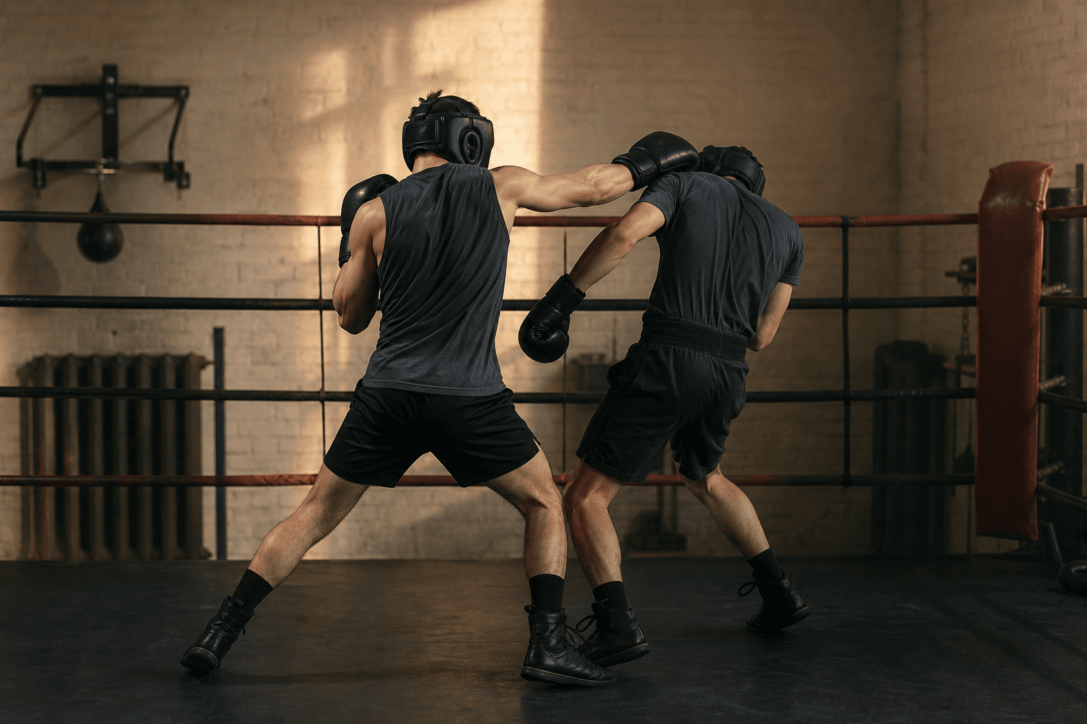 Due pugili con caschetto in un ring: uno gira fuori linea con un gancio corto mentre l'altro è proiettato in avanti.