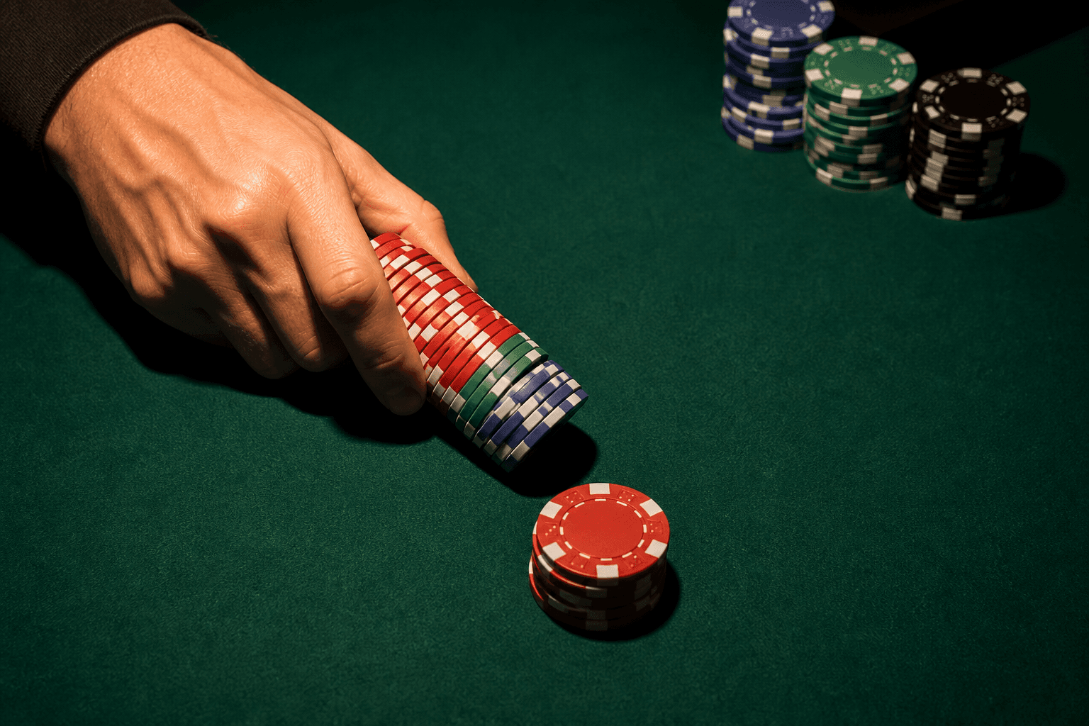 Una mano spinge in avanti una pila ordinata di fiches su un tavolo da poker verde.
